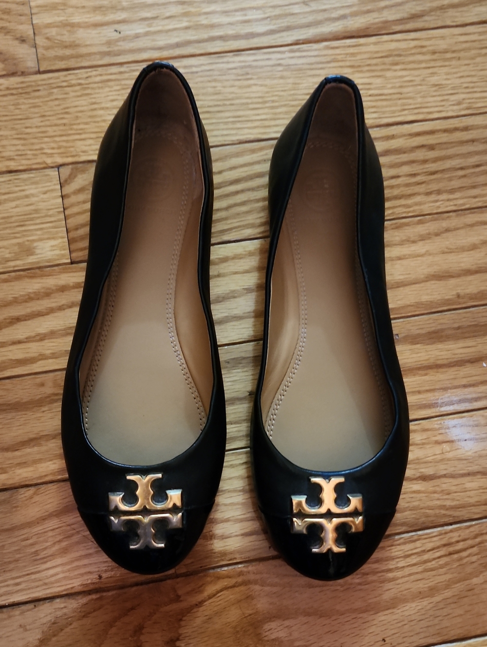 Tory Burch Everly Cap Toe Black Leather Ballet Flats with Gold Logo